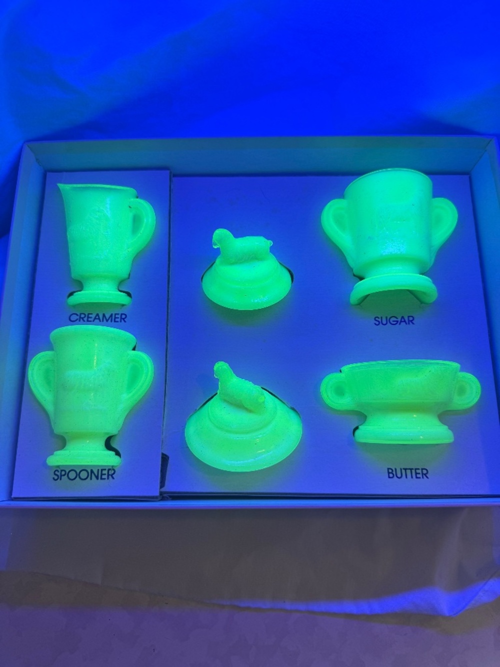 Vintage Uranium Glass Creamer, Sugar Bowl w/ Lid & Covered Butter Dish
